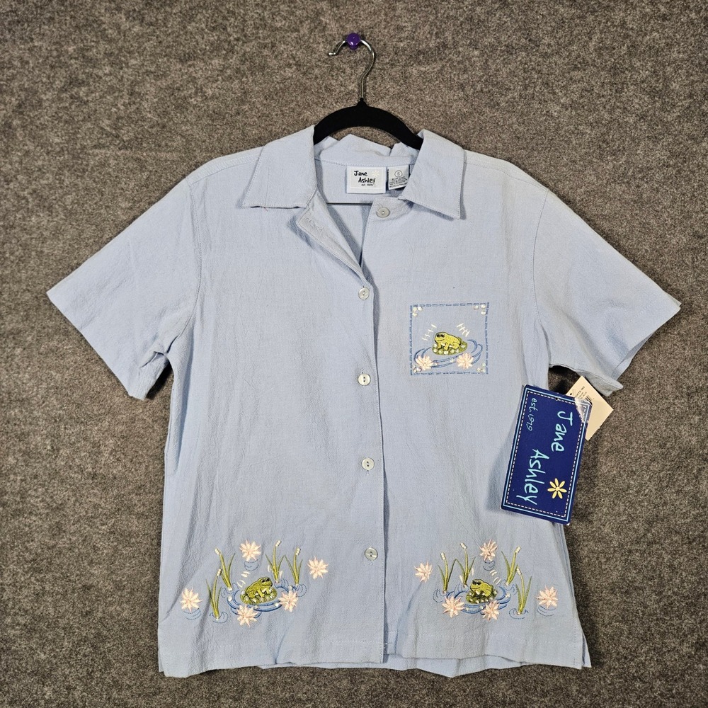 VTG Jane Ashley Womens Button Down Frog Shirt Twee Whimsical Cottage Sz S READ